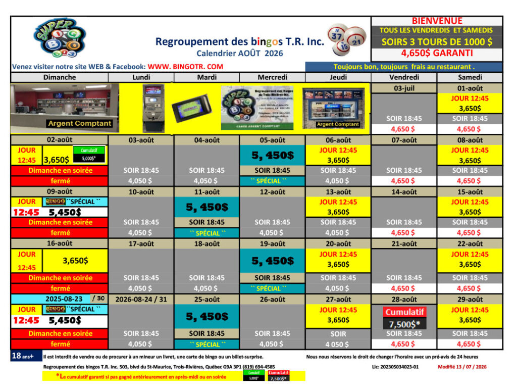 correction sur le calendrier mois aout 2026 bingo